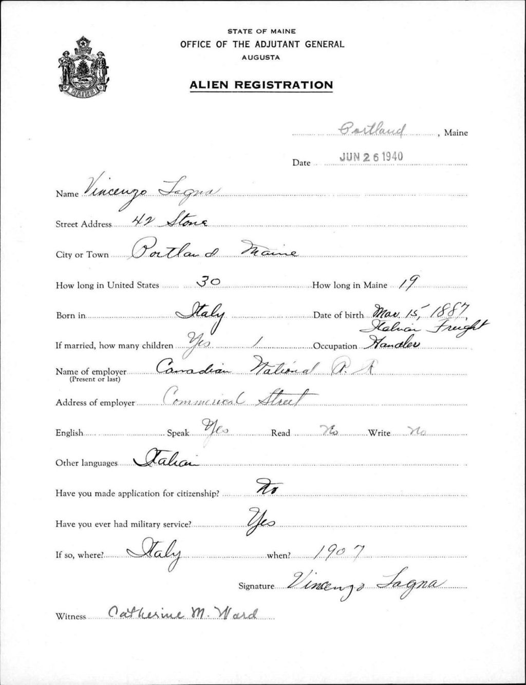 Miniature of Alien Registration- Lagna, Vincenzo (Portland, Cumberland County)