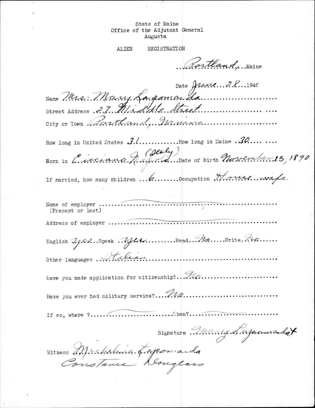 Miniature of Alien Registration- Lapomarda, Mary (Portland, Cumberland County)