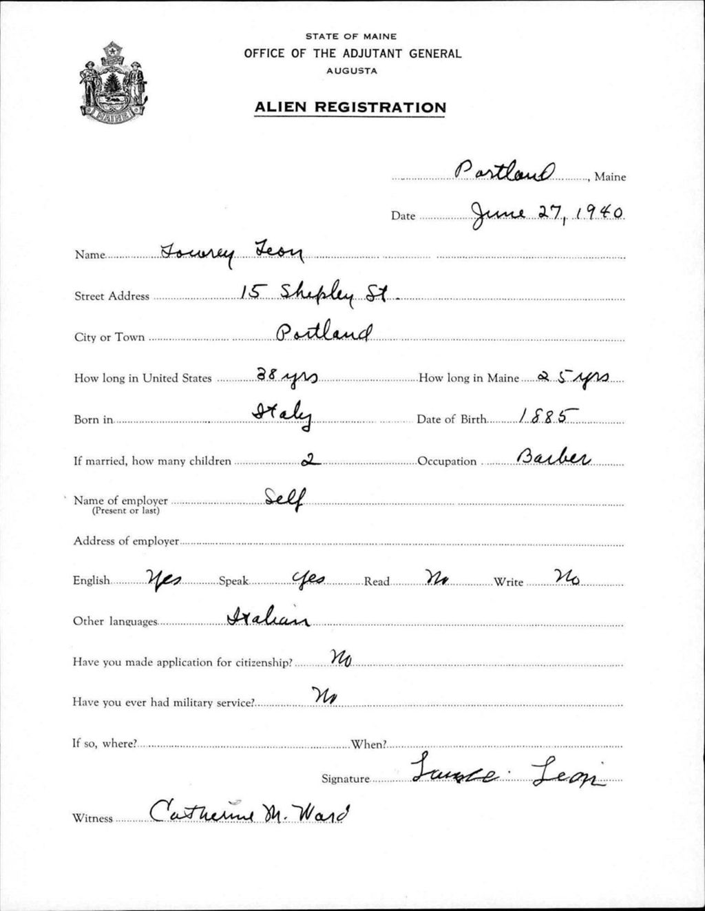 Miniature of Alien Registration- Leon, Louerey (Portland, Cumberland County)