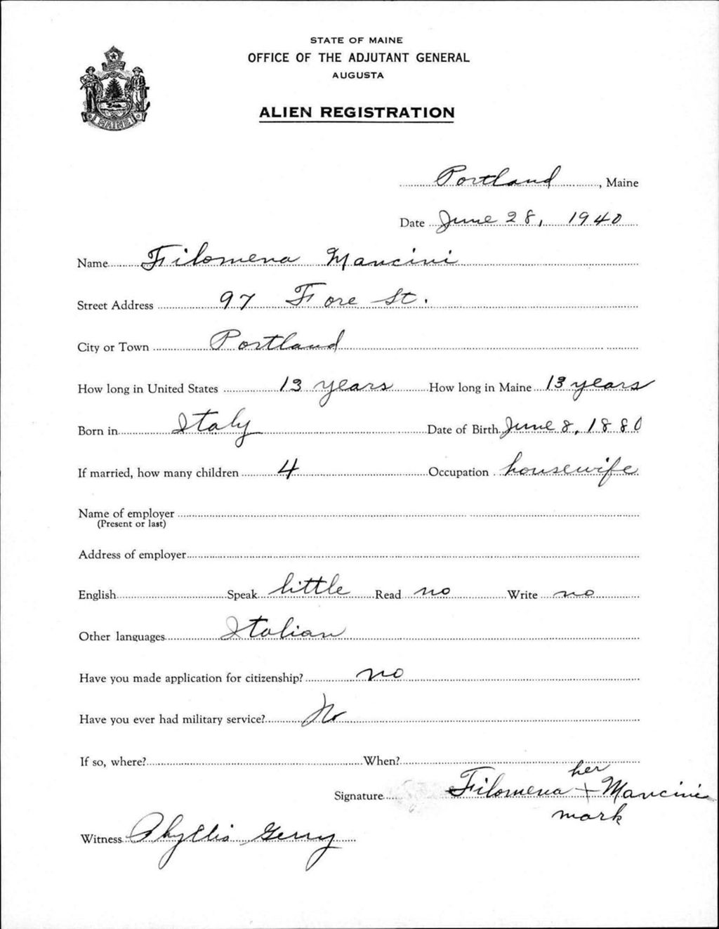 Miniature of Alien Registration- Mancini, Filomena (Portland, Cumberland County)