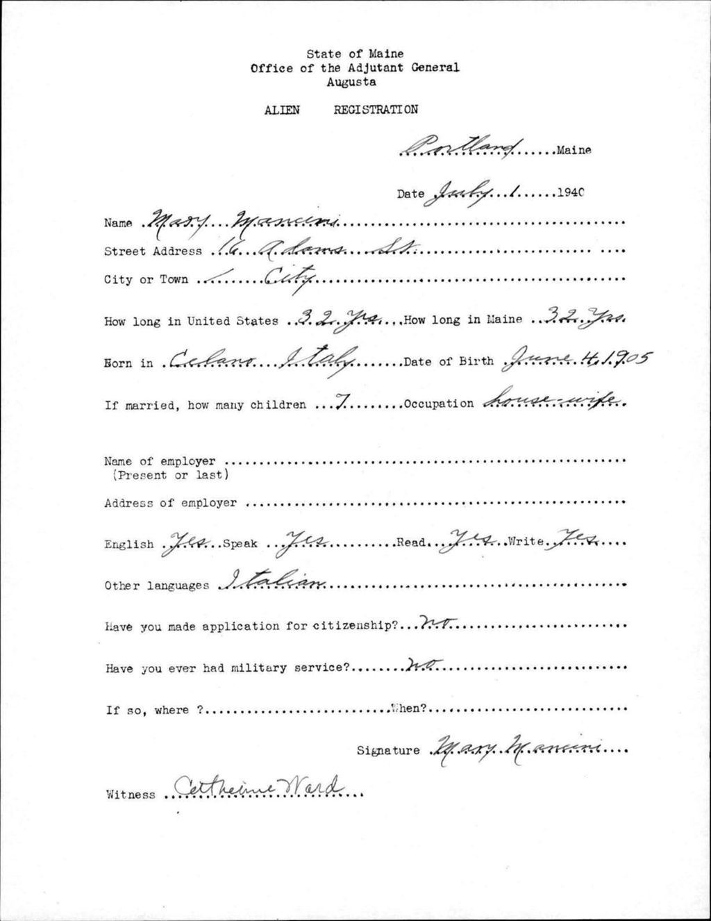 Miniature of Alien Registration- Mancini, Mary (Portland, Cumberland County)