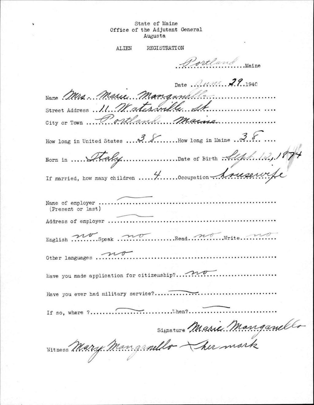 Miniature of Alien Registration- Manganello, Marie (Portland, Cumberland County)