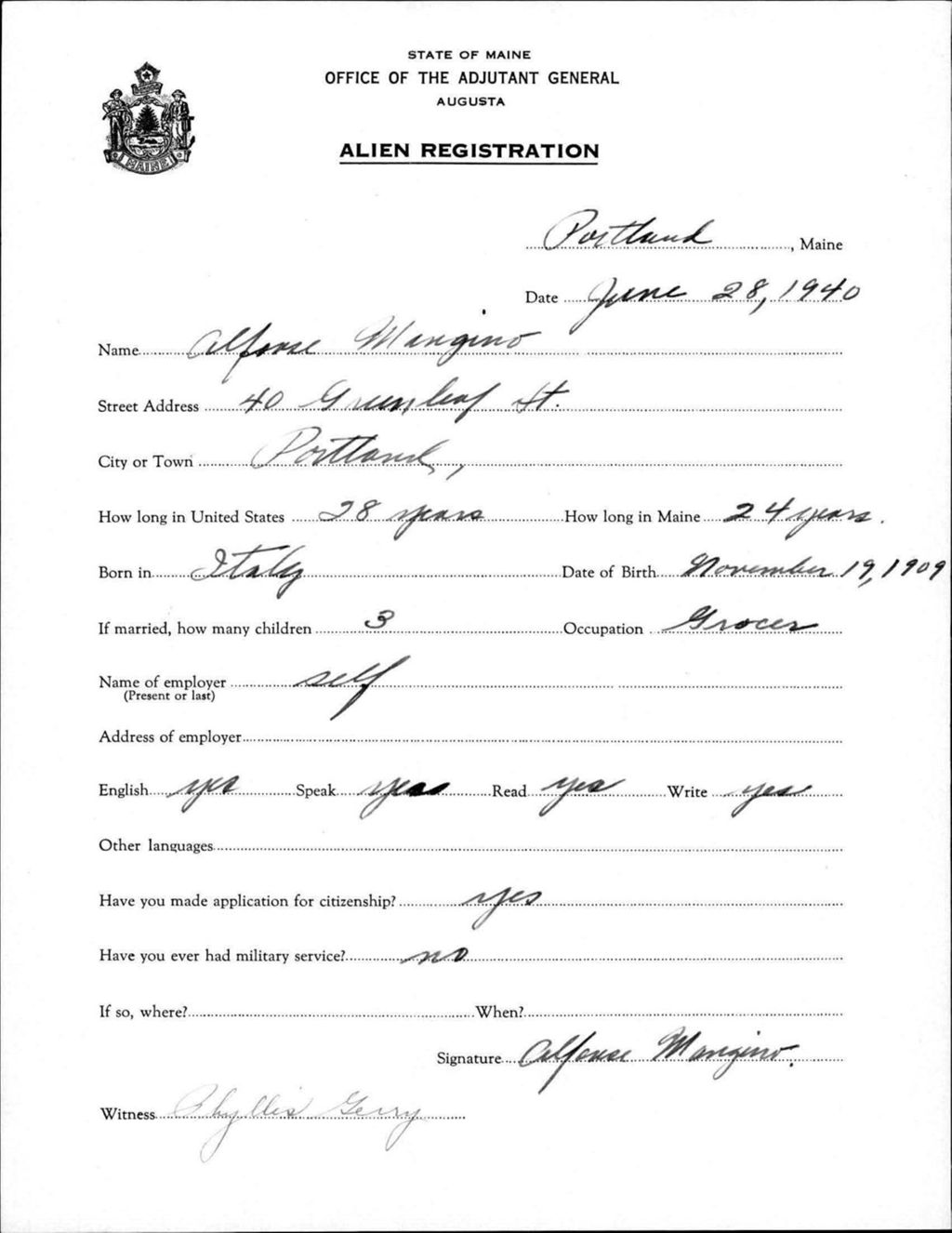 Miniature of Alien Registration- Mangino, Alfonse (Portland, Cumberland County)
