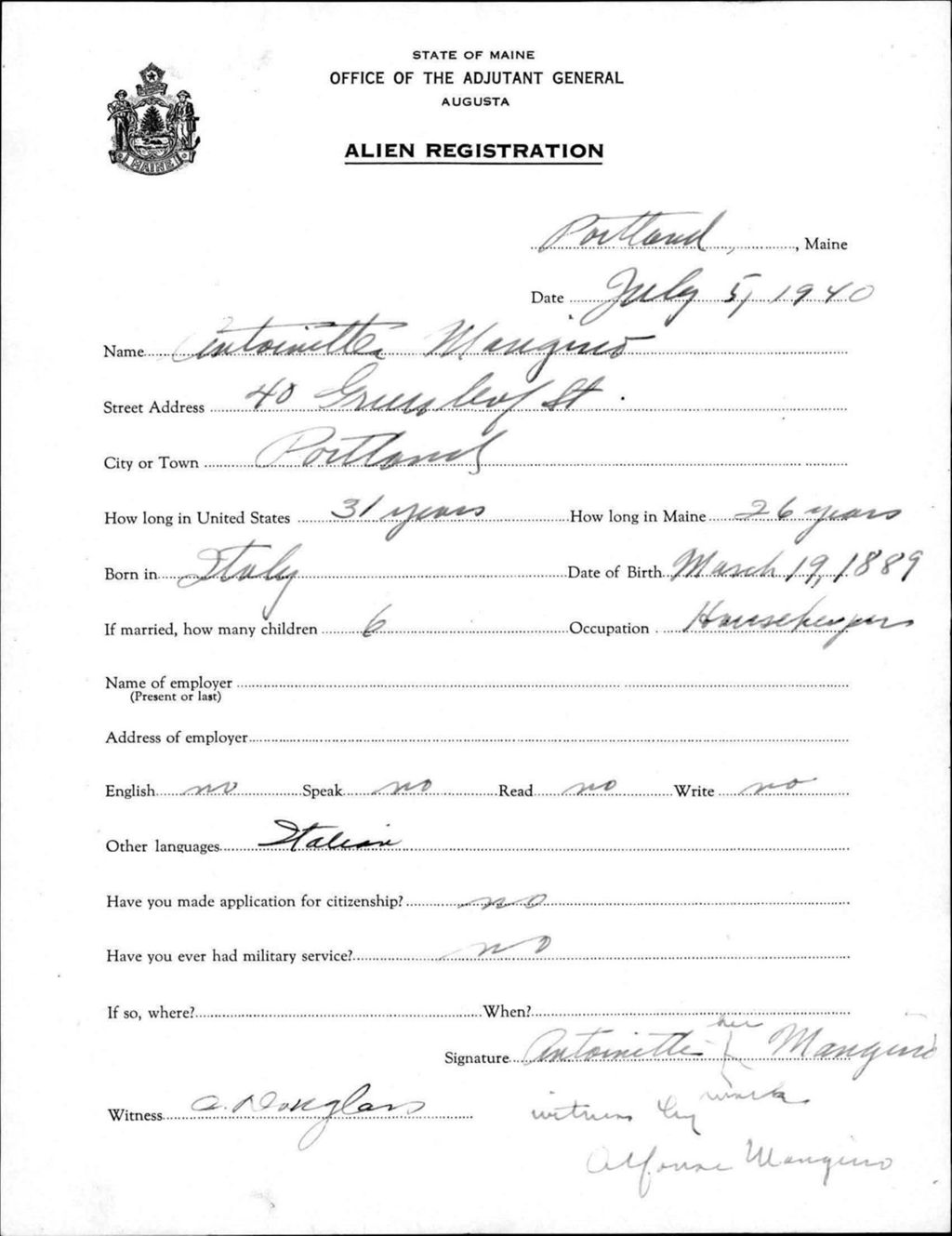 Miniature of Alien Registration- Mangino, Antoinette (Portland, Cumberland County)