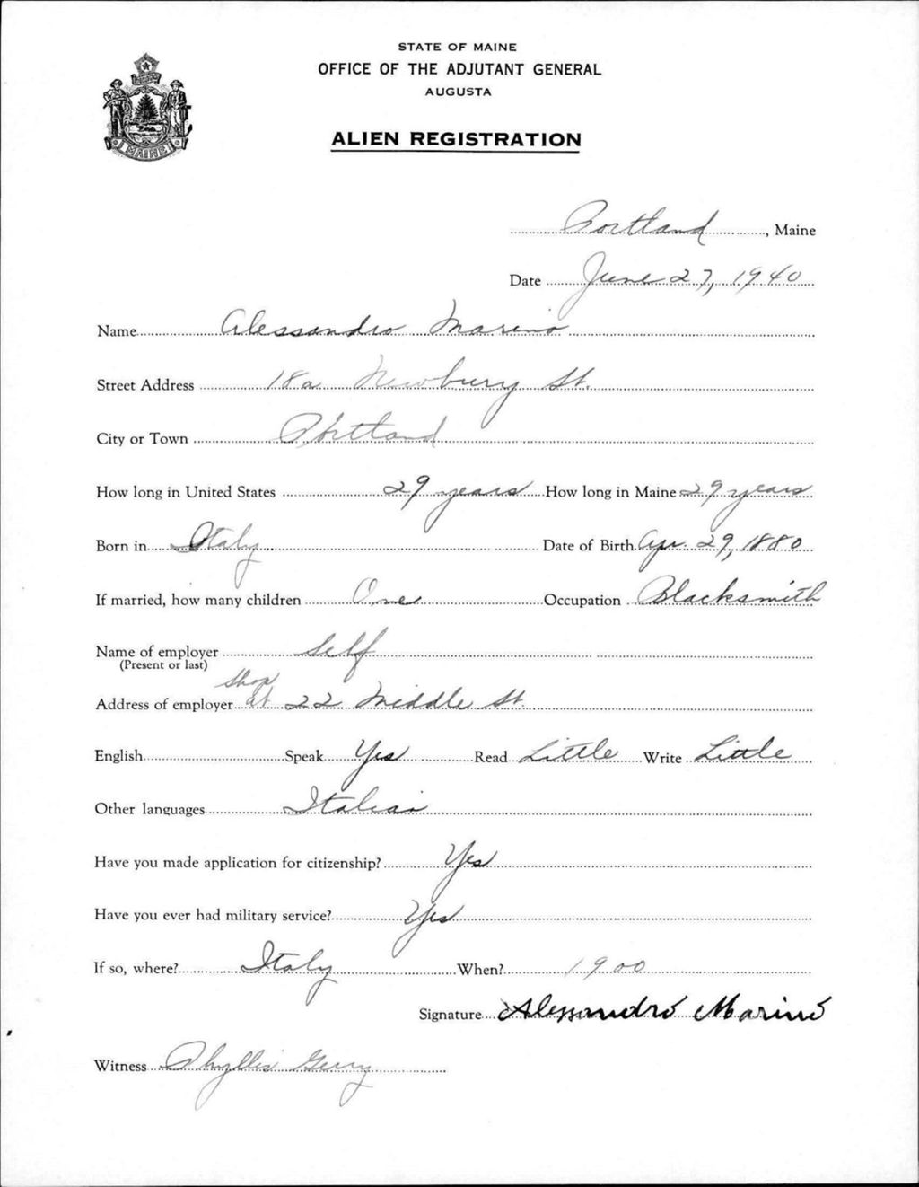 Miniature of Alien Registration- Marino, Alessandro (Portland, Cumberland County)