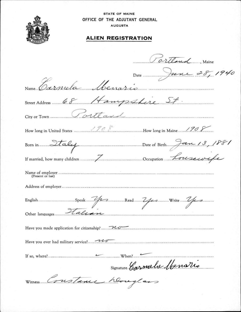 Miniature of Alien Registration- Merrario, Carmela (Portland, Cumberland County)