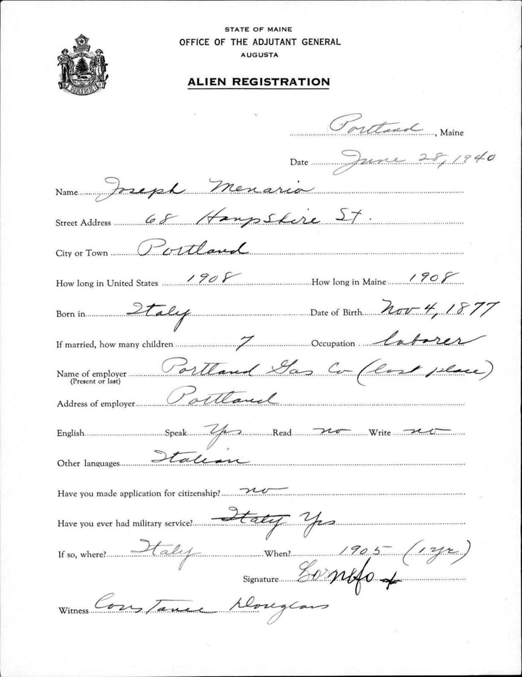 Miniature of Alien Registration- Menario, Joseph (Portland, Cumberland County)