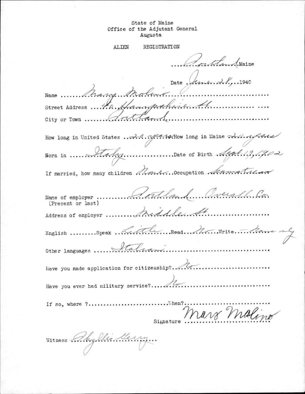 Miniature of Alien Registration- Molino, Mary (Portland, Cumberland County)