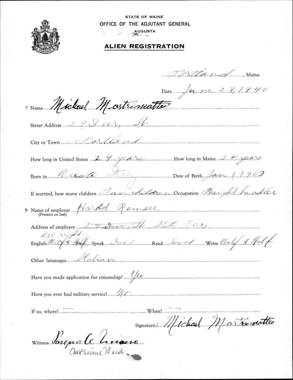 Miniature of Alien Registration- Mostromotto, Michael (Portland, Cumberland County)