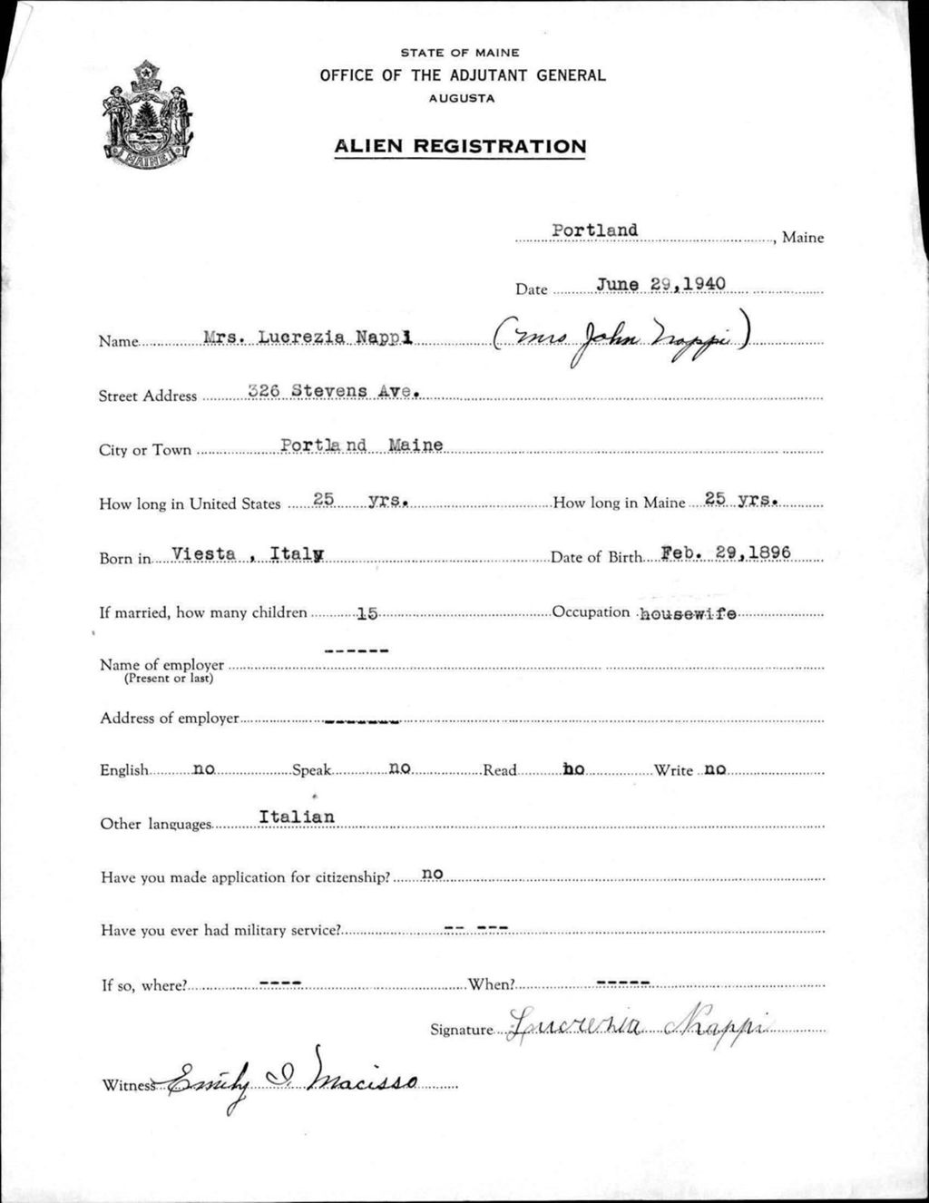 Miniature of Alien Registration- Nappi, Lucrezia (Portland, Cumberland County)