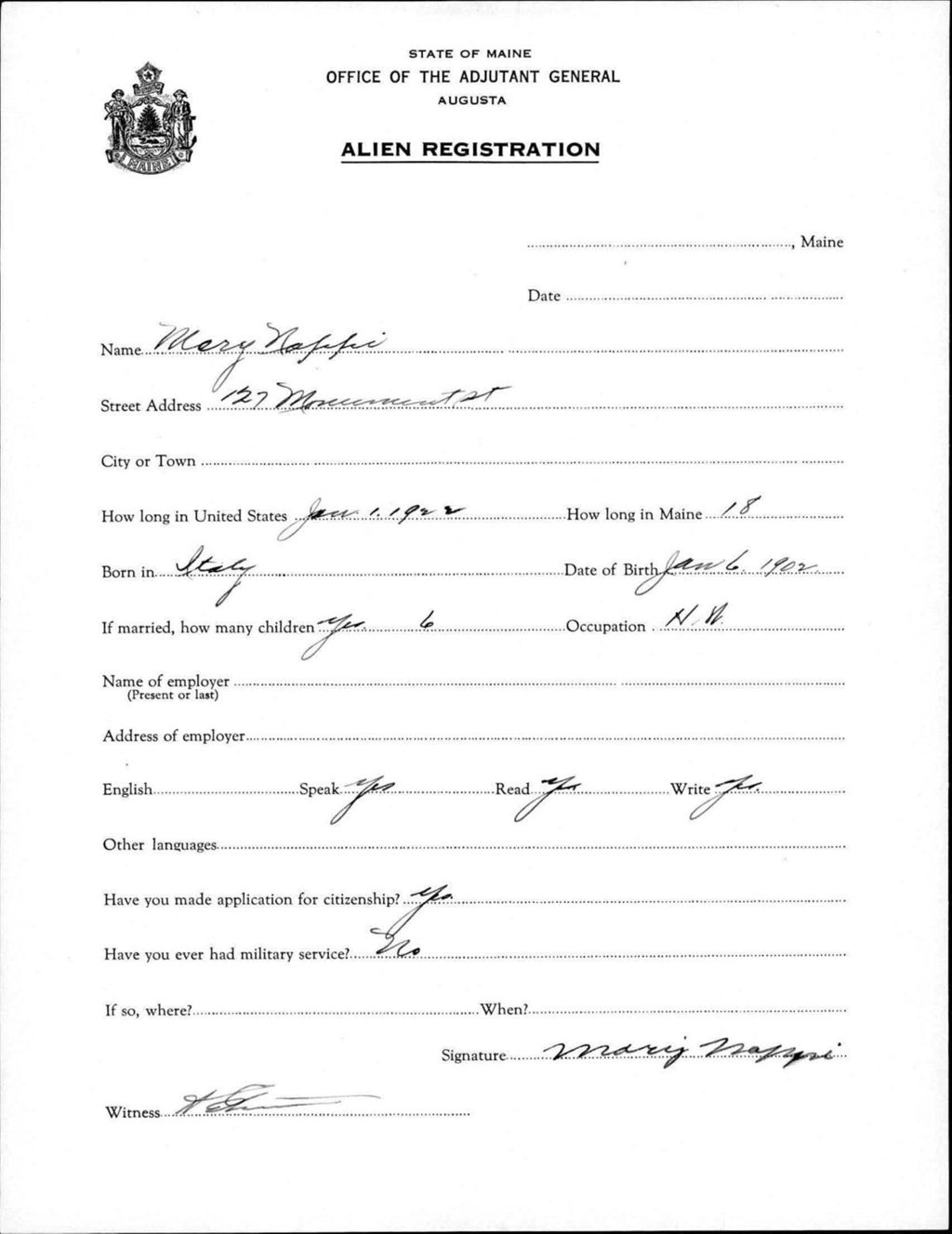 Miniature of Alien Registration- Nappi, Mary (Portland, Cumberland County)