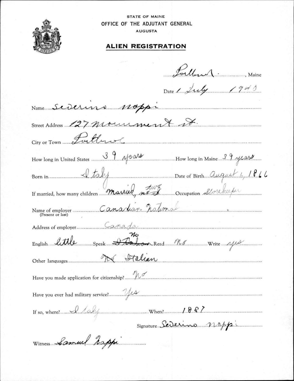 Miniature of Alien Registration- Nappi, Severino (Portland, Cumberland County)