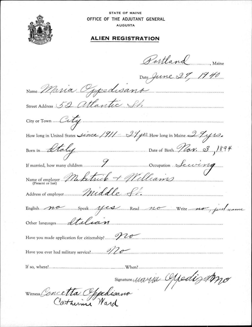 Miniature of Alien Registration- Oppedisano, Maria (Portland, Cumberland County)