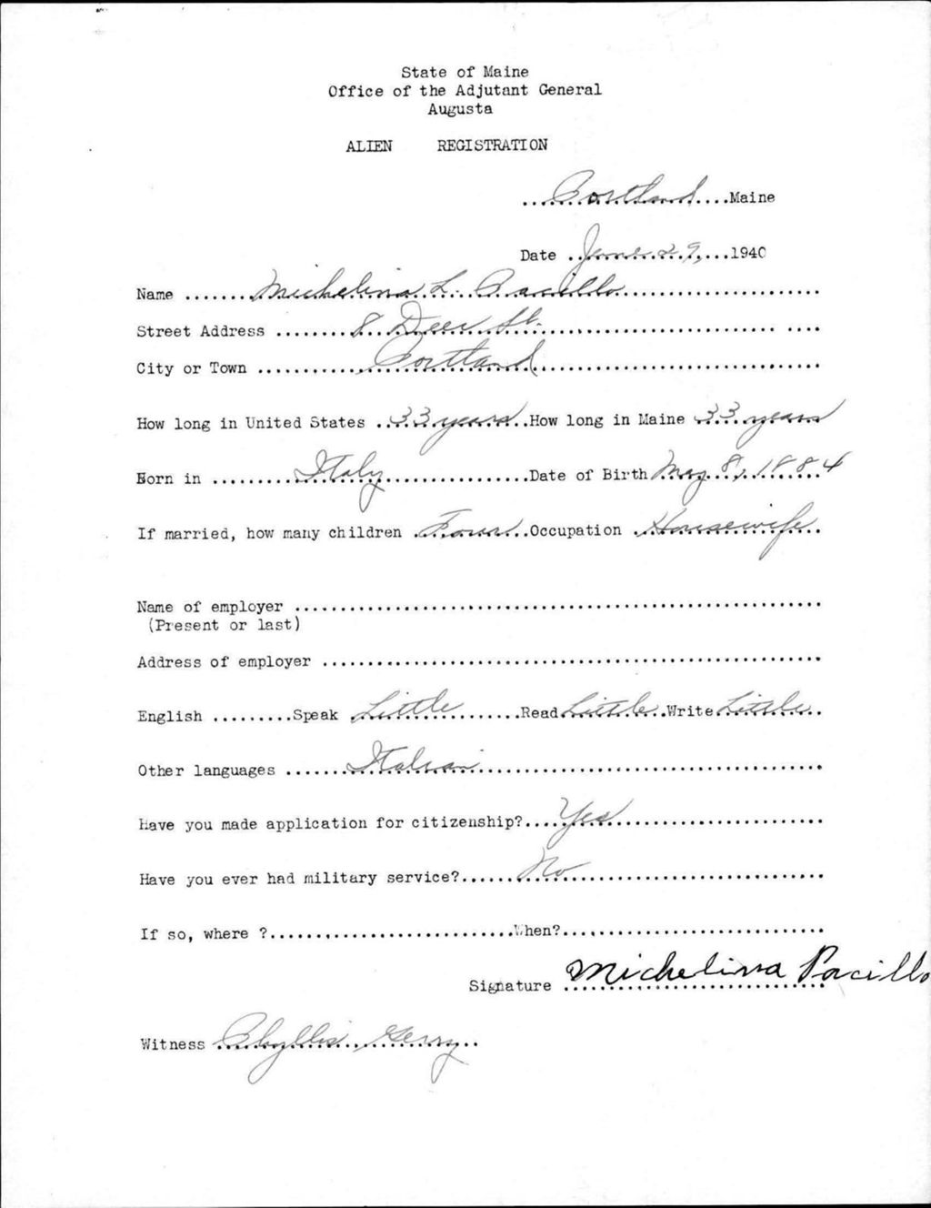 Miniature of Alien Registration- Pacillo, Michelina L. (Portland, Cumberland County)