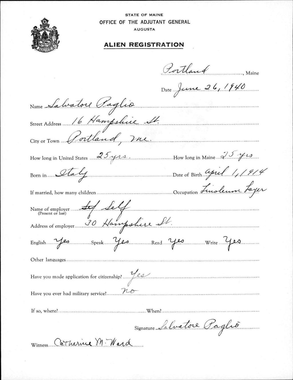 Miniature of Alien Registration- Paglio, Salatore (Portland, Cumberland County)