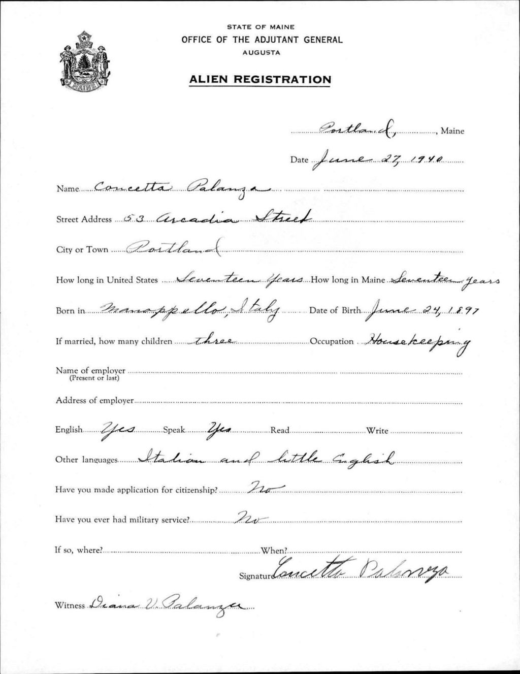 Miniature of Alien Registration- Palanza, Concetta (Portland, Cumberland County)