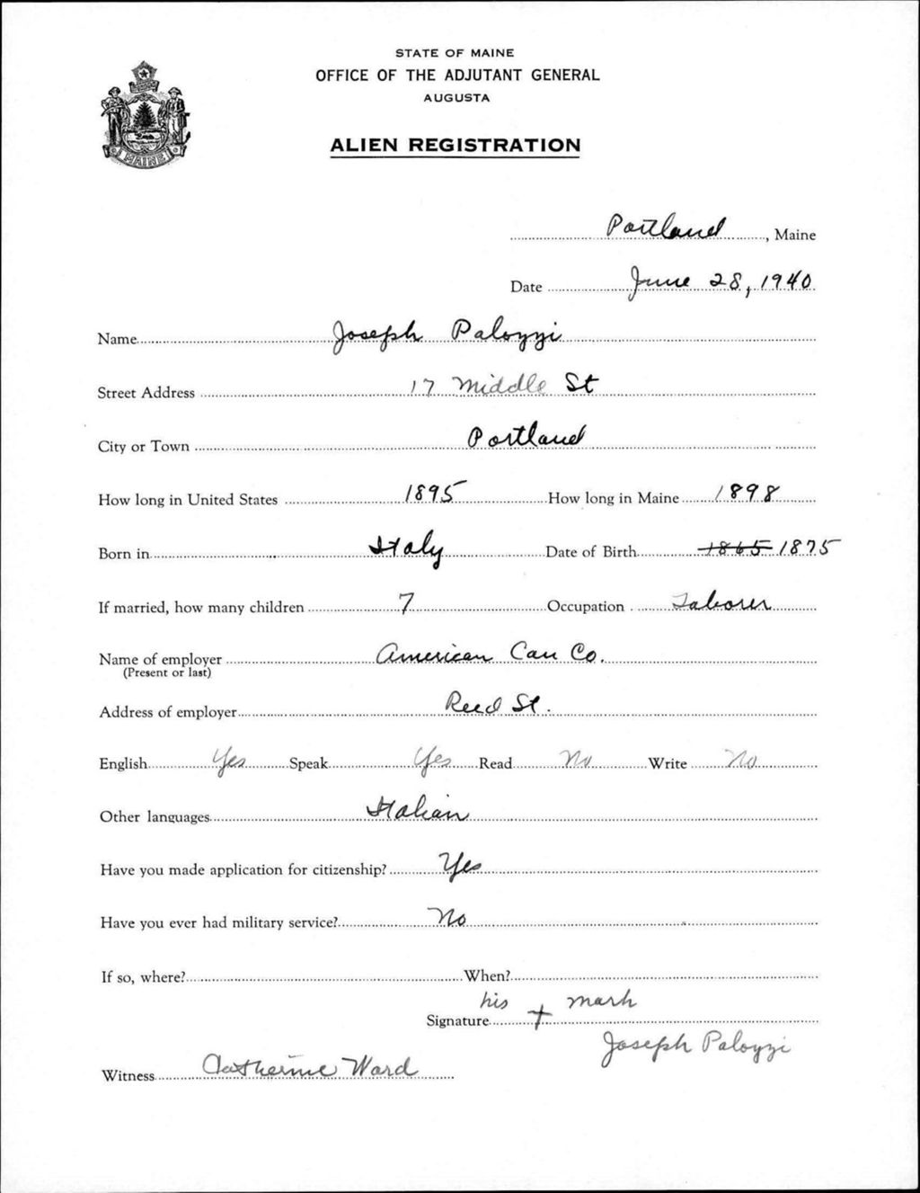 Miniature of Alien Registration- Palozzi, Joseph (Portland, Cumberland County)