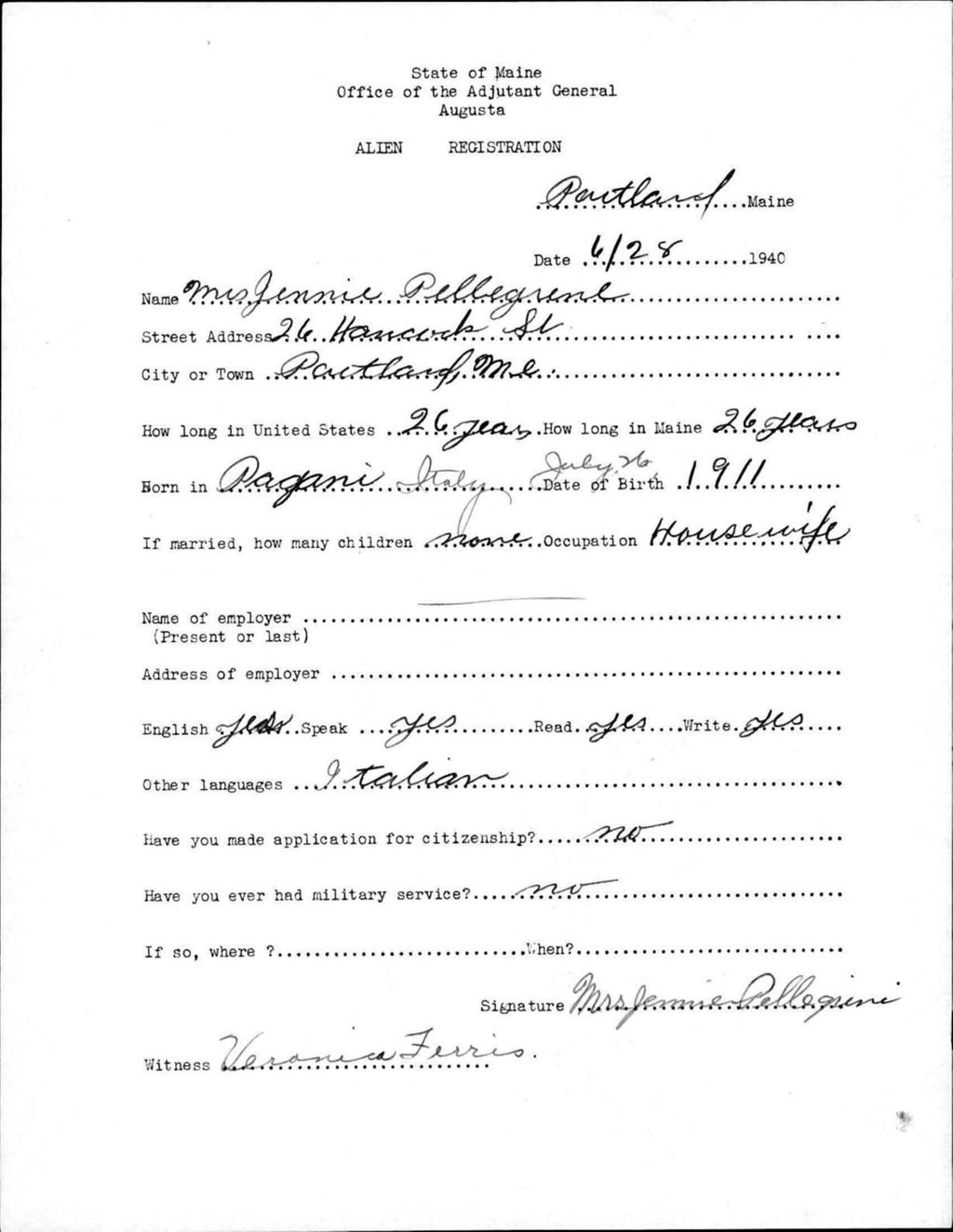 Miniature of Alien Registration- Pellegrene, Jennie (Portland, Cumberland County)