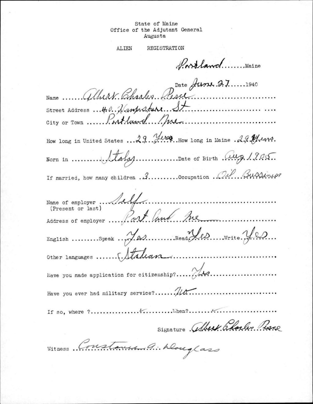 Miniature of Alien Registration- Pesce, Albert C. (Portland, Cumberland County)