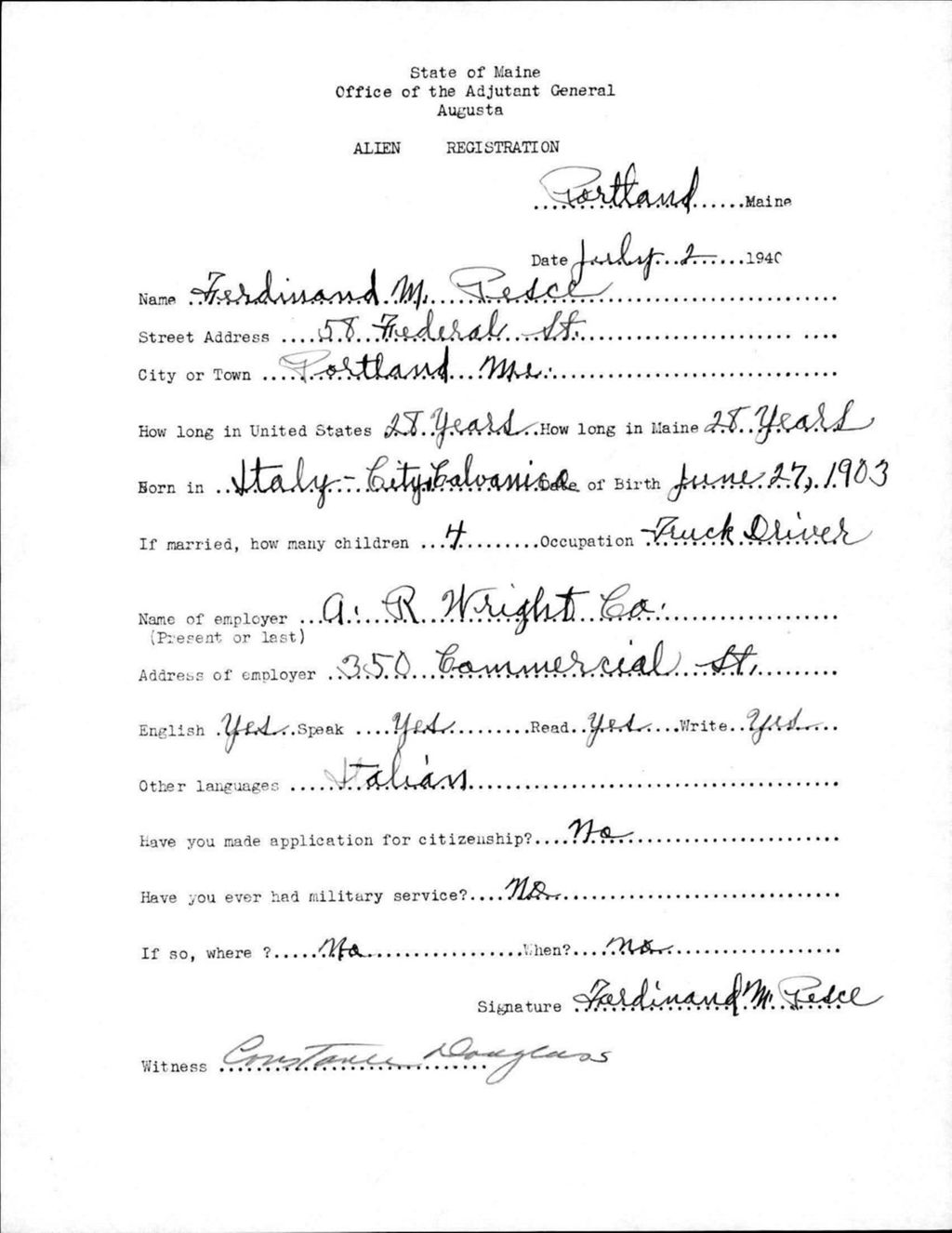Miniature of Alien Registration- Pesce, Ferdinand M. (Portland, Cumberland County)