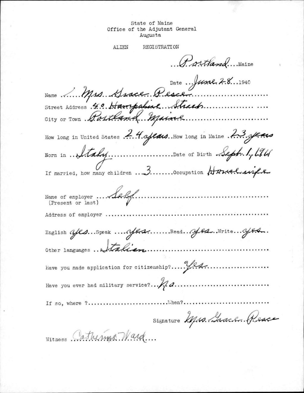 Miniature of Alien Registration- Pesce, Grace (Portland, Cumberland County)