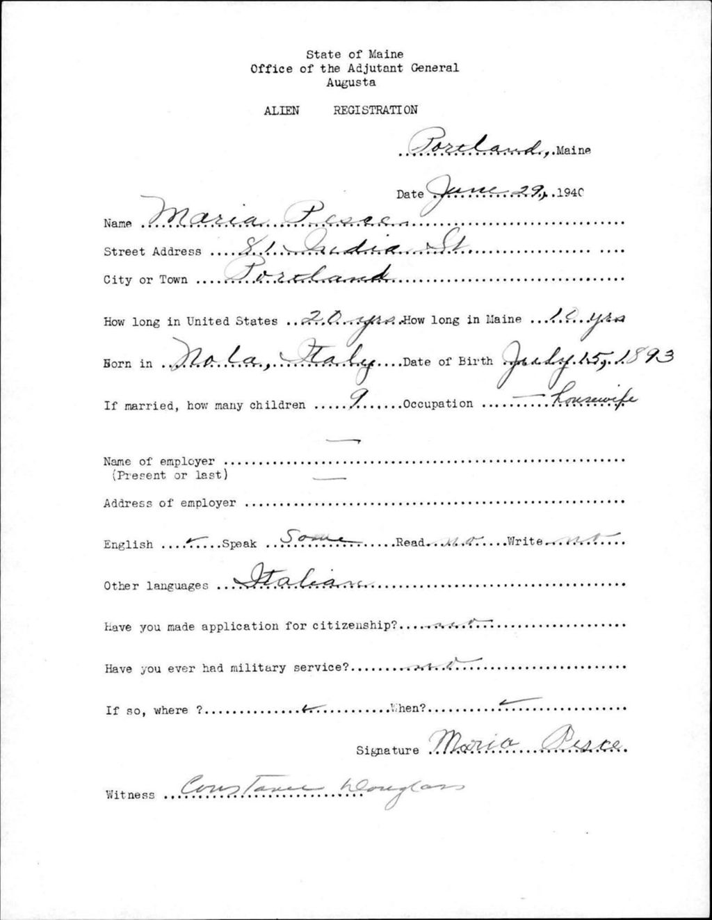 Miniature of Alien Registration- Pesce, Maria (Portland, Cumberland County)