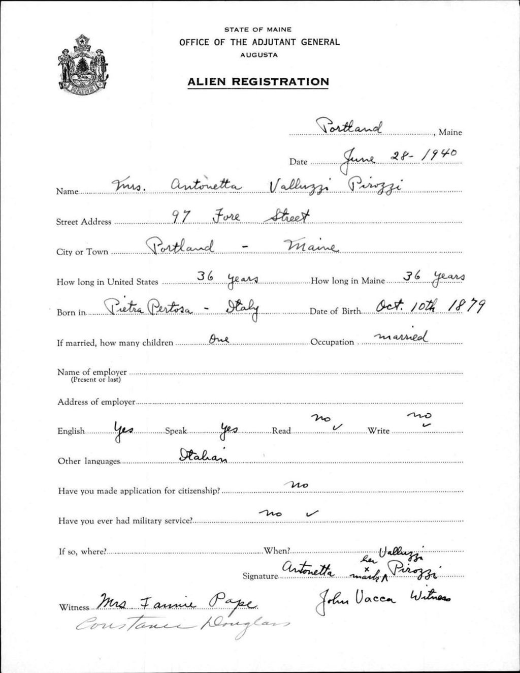 Miniature of Alien Registration- Valluzzi, Antonetta (Portland, Cumberland County)