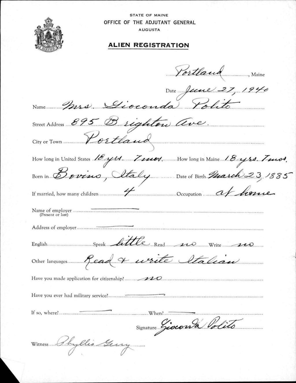 Miniature of Alien Registration- Polito, Gioconda (Portland, Cumberland County)