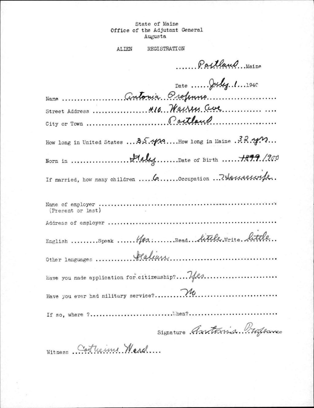 Miniature of Alien Registration- Profenno, Antonia (Portland, Cumberland County)