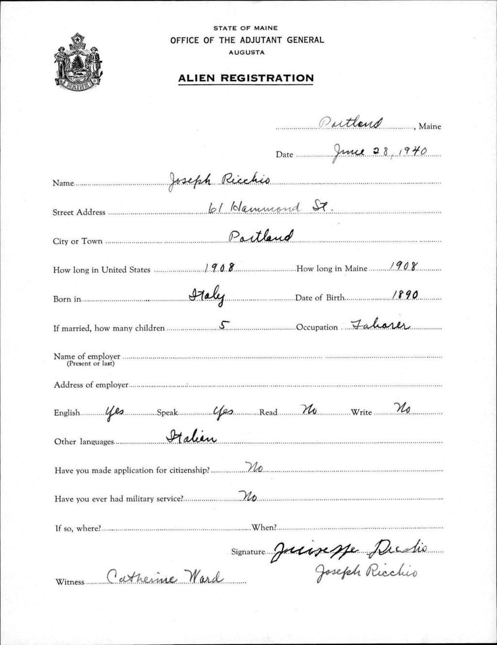 Miniature of Alien Registration- Ricchio, Joseph (Portland, Cumberland County)