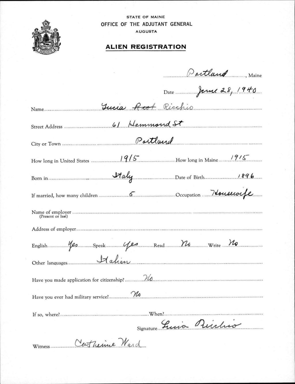 Miniature of Alien Registration- Ricchio, Lucia (Portland, Cumberland County)