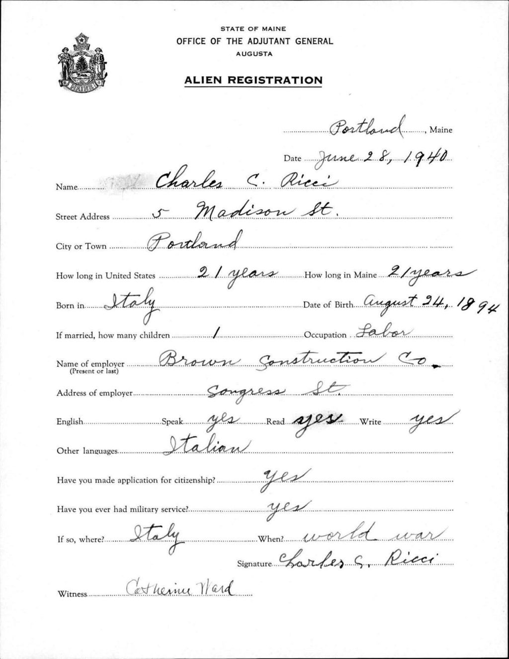 Miniature of Alien Registration- Ricci, Charles C. (Portland, Cumberland County)