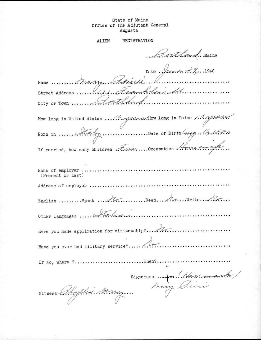 Miniature of Alien Registration- Ricci, Mary (Portland, Cumberland County)