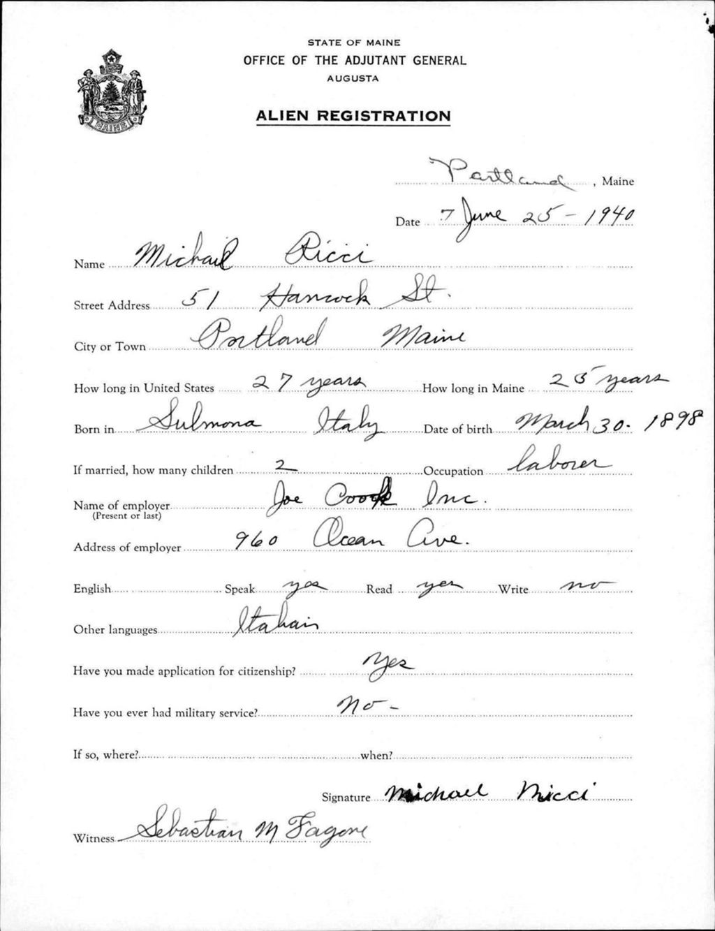 Miniature of Alien Registration- Ricci, Michael (Portland, Cumberland County)