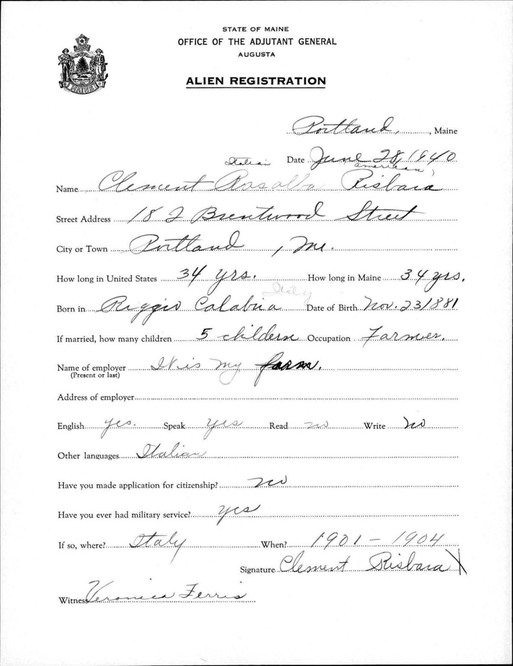 Miniature of Alien Registration- Rislara, Clement R. (Portland, Cumberland County)