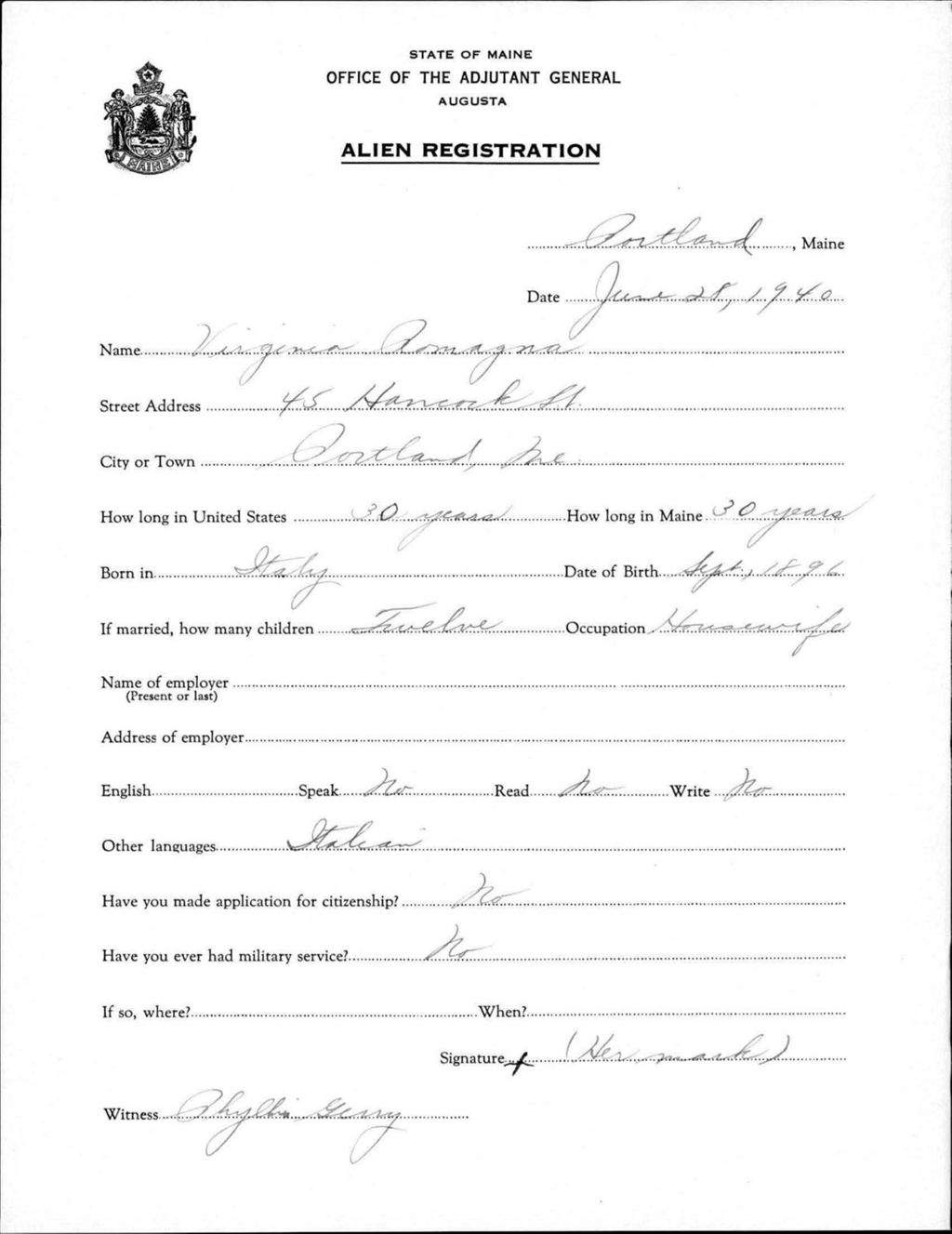Miniature of Alien Registration- Romagna, Virginia (Portland, Cumberland County)