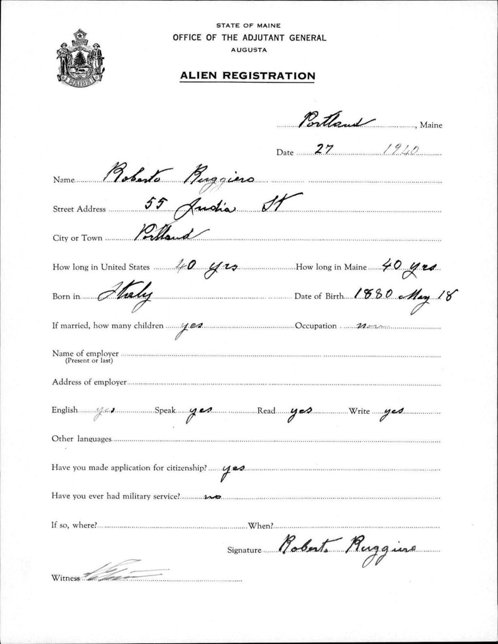 Miniature of Alien Registration- Ruggiero, Roberto (Portland, Cumberland County)