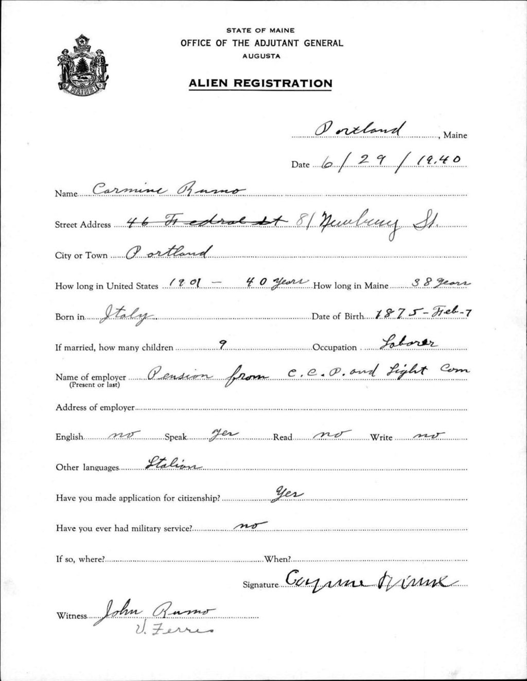 Miniature of Alien Registration- Russo, Carmine (Portland, Cumberland County)