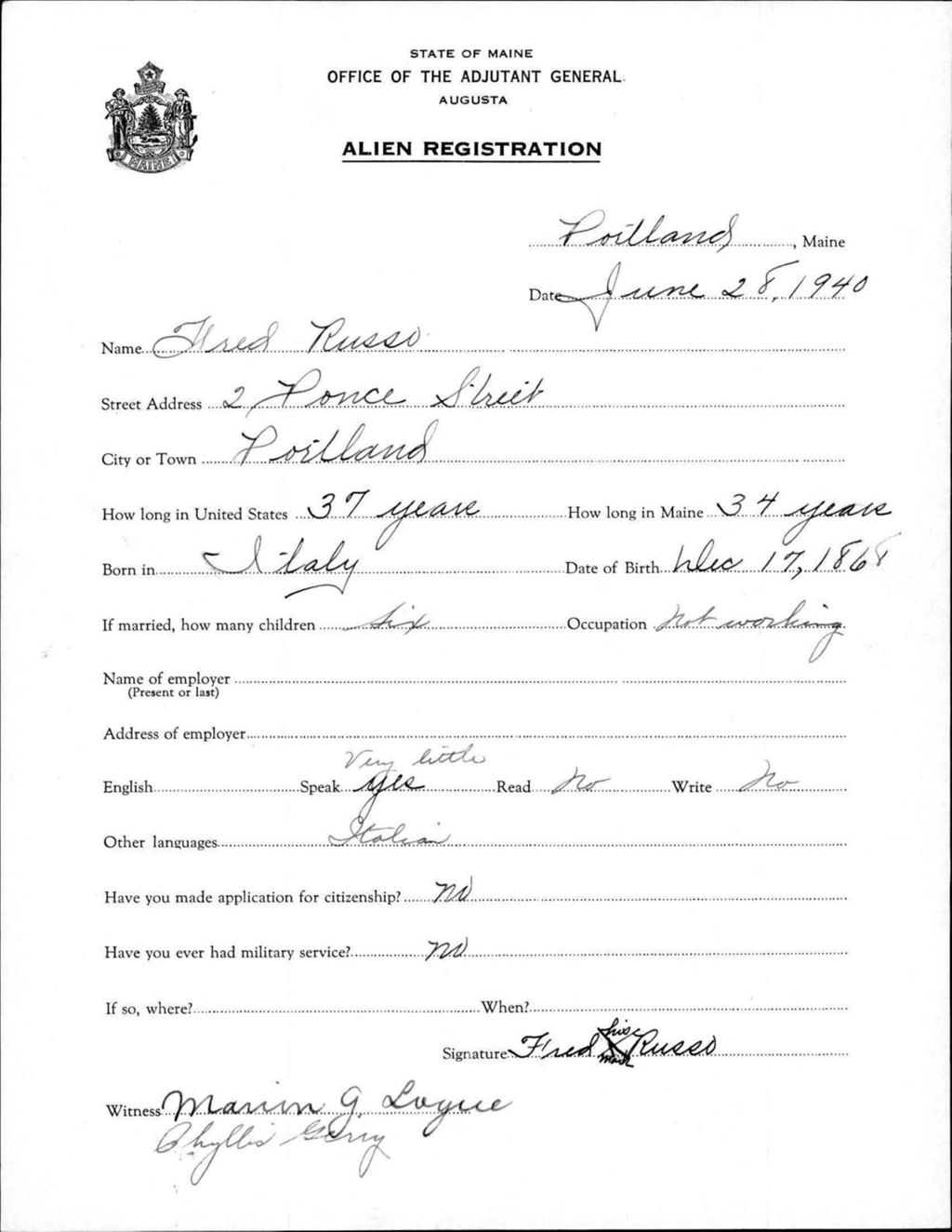Miniature of Alien Registration- Russo, Fred (Portland, Cumberland County)