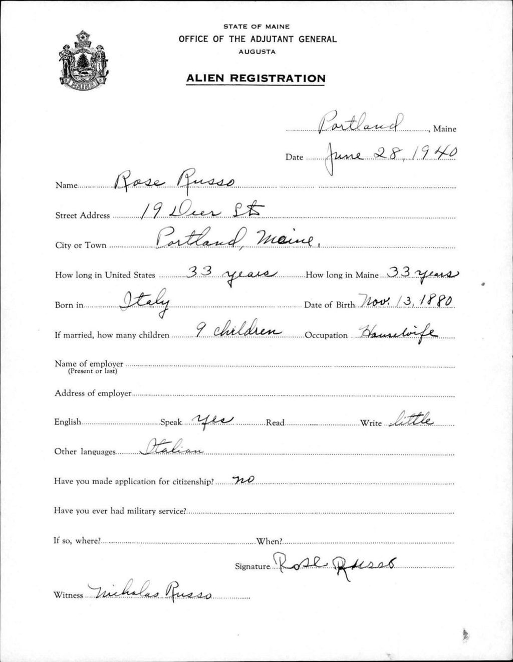 Miniature of Alien Registration- Russo, Rose (Portland, Cumberland County)