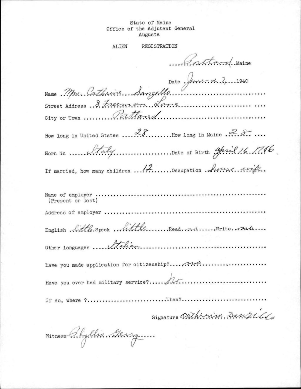 Miniature of Alien Registration- Sangello, Catherine (Portland, Cumberland County)