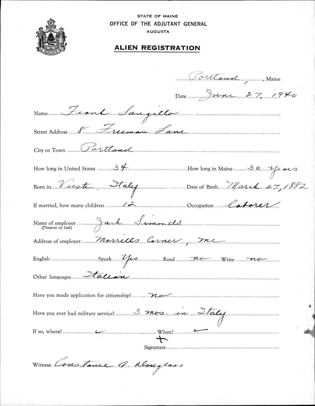Miniature of Alien Registration- Sangello, Frank (Portland, Cumberland County)