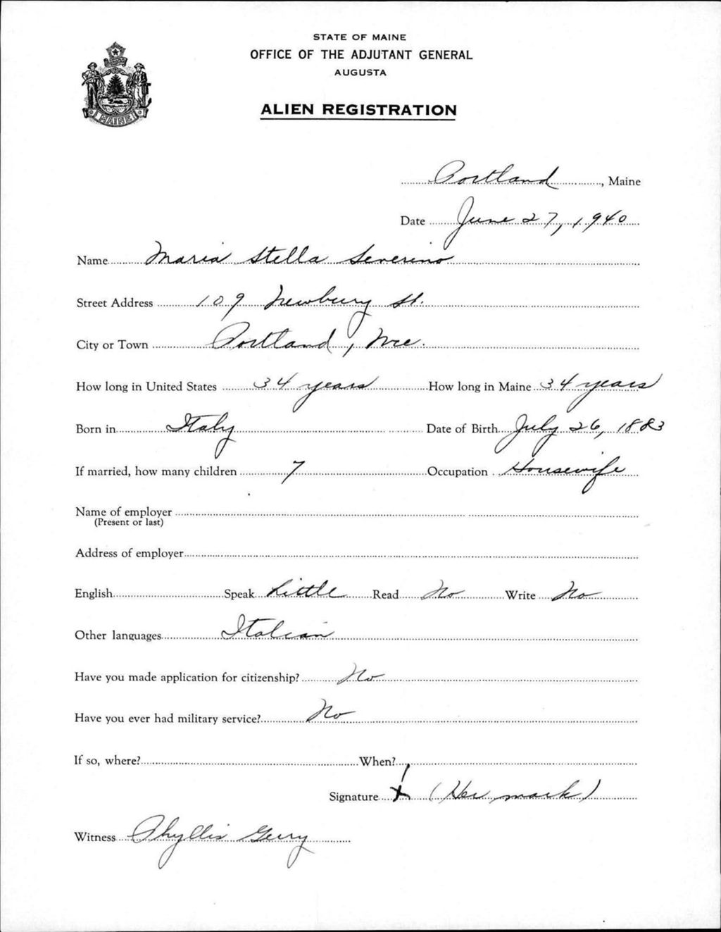 Miniature of Alien Registration- Severino, Maria S. (Portland, Cumberland County)