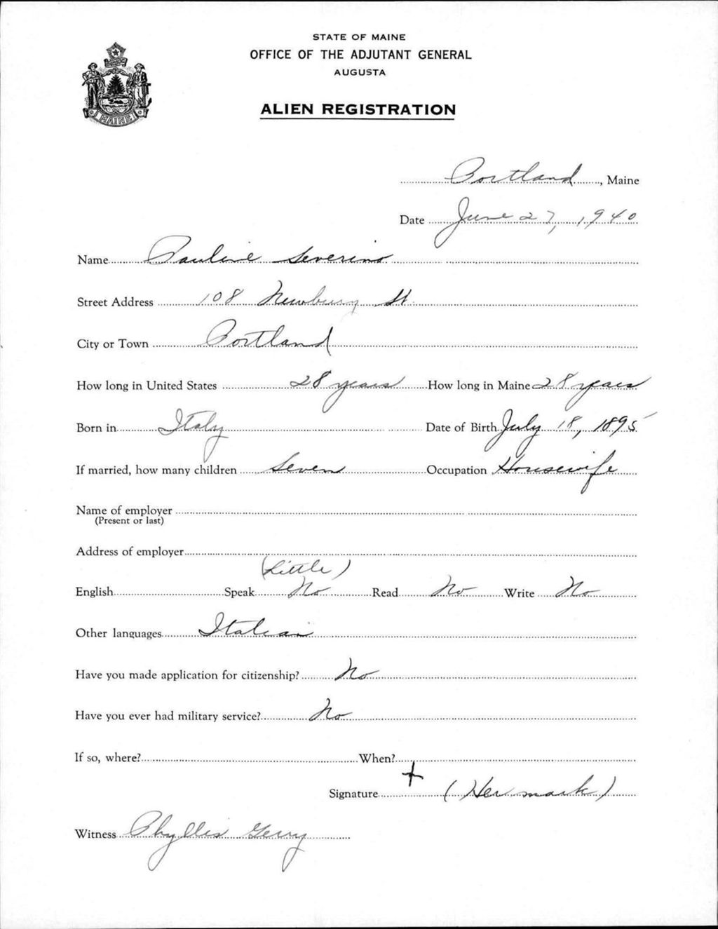 Miniature of Alien Registration- Severino, Pauline (Portland, Cumberland County)