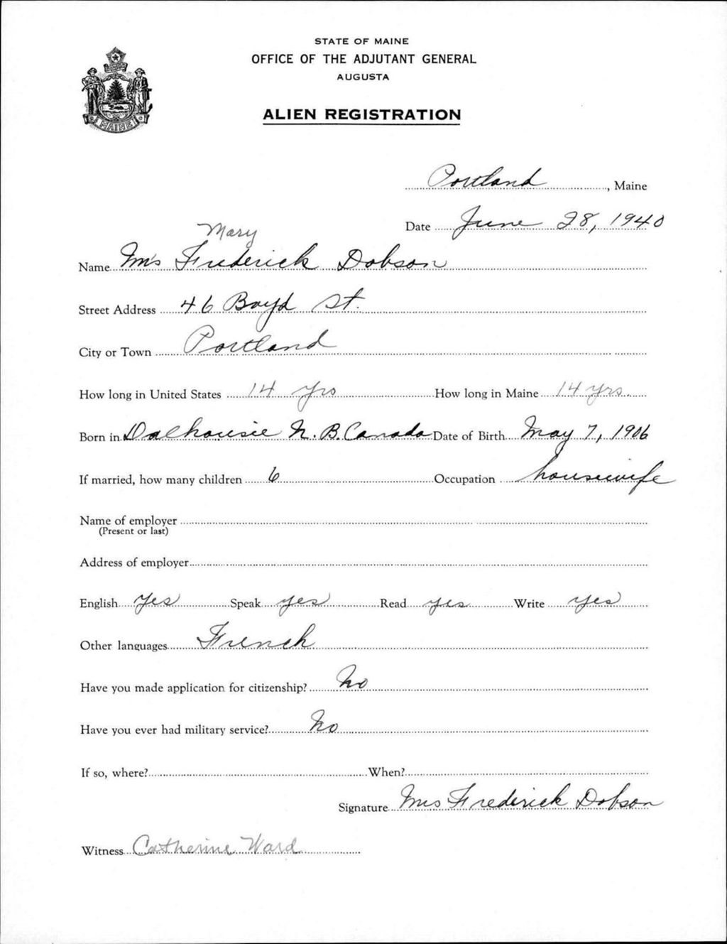 Miniature of Alien Registration- Dobson, Mary (Portland, Cumberland County)