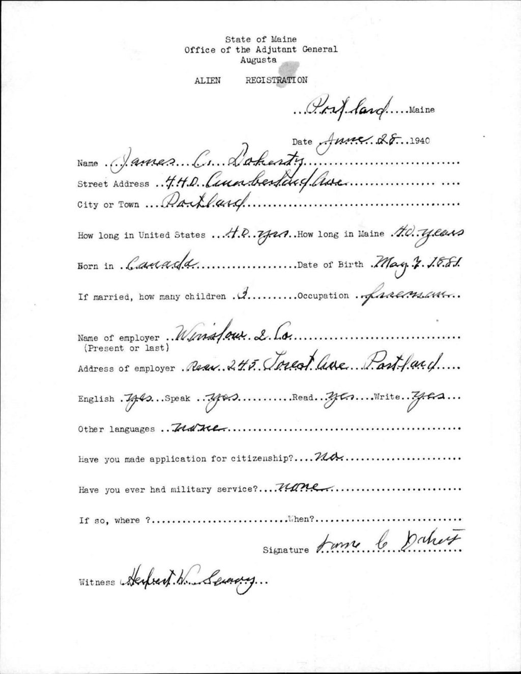 Miniature of Alien Registration- Doherty, James C. (Portland, Cumberland County)