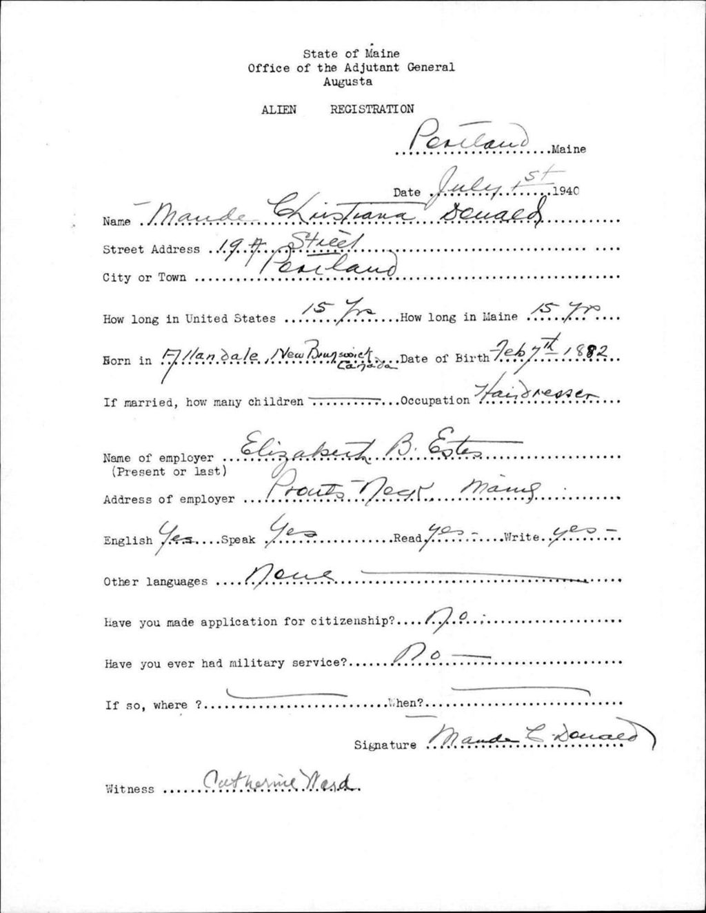 Miniature of Alien Registration- Donald, Maude C. (Portland, Cumberland County)