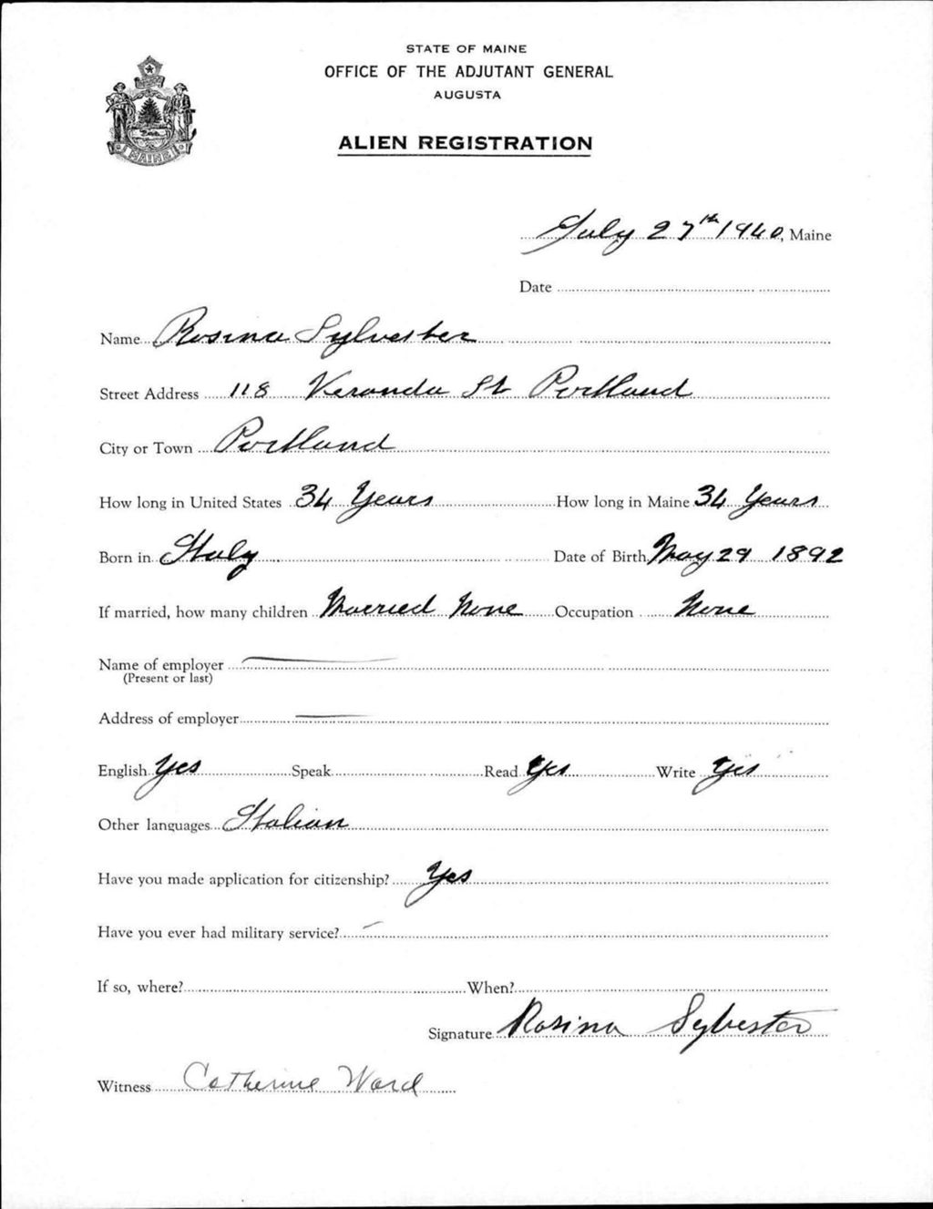Miniature of Alien Registration- Sylvester, Rosina (Portland, Cumberland County)