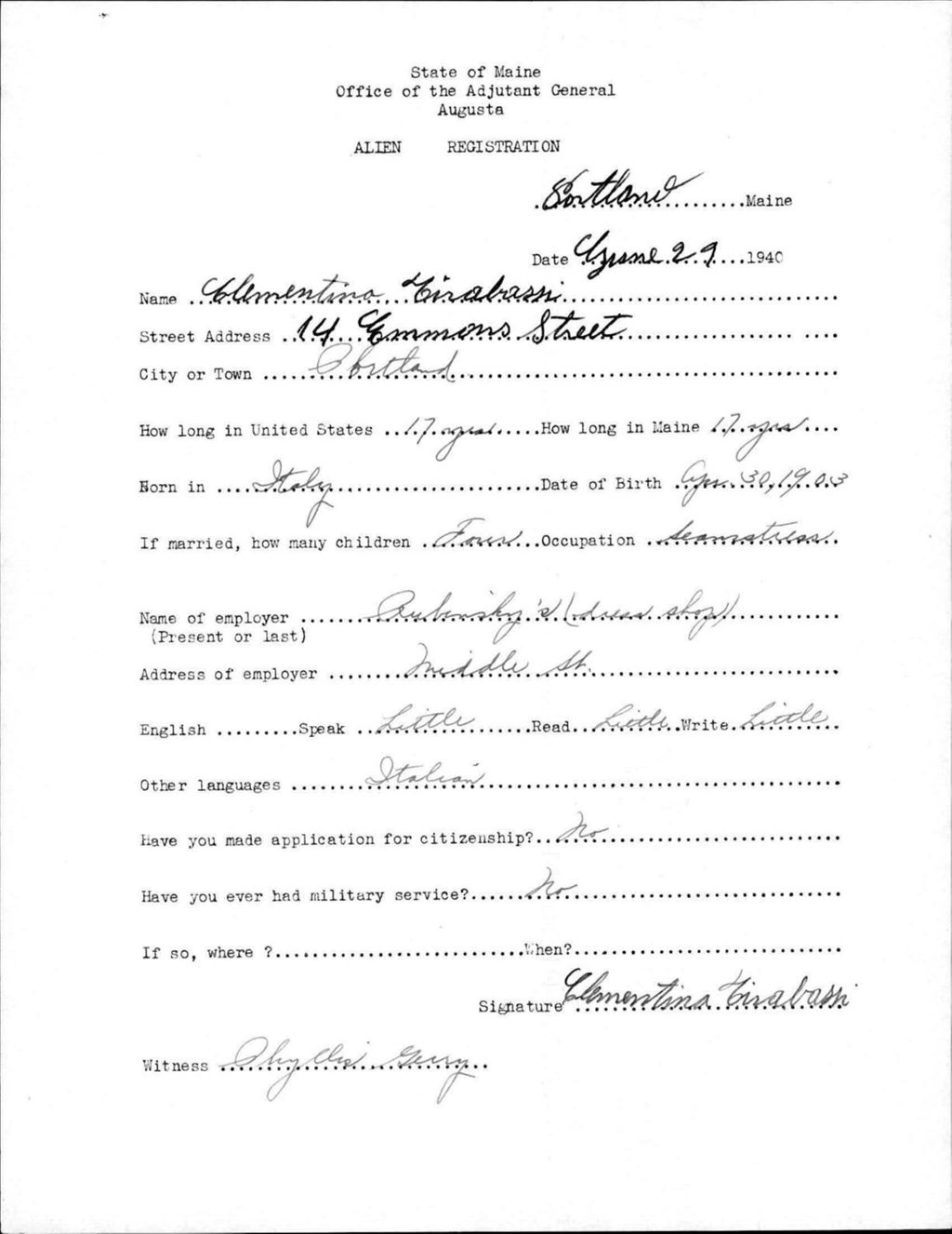 Miniature of Alien Registration- Tirabassi, Clementina (Portland, Cumberland County)