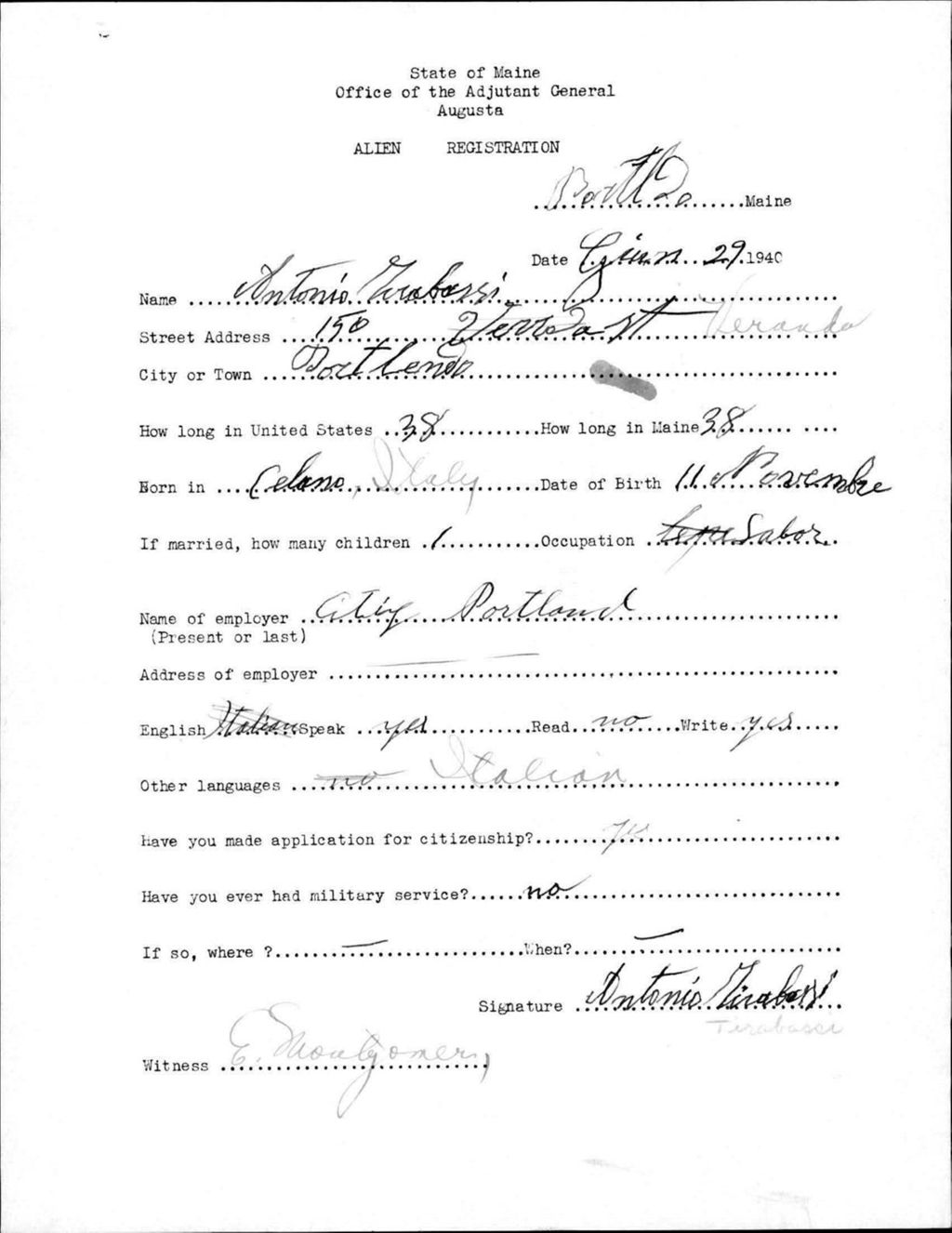 Miniature of Alien Registration- Tirabassi, Antonio (Portland, Cumberland County)